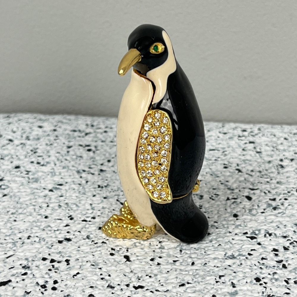 Penguin Trinket Box Enameled Metal Rhinestone Hinged Collectible
